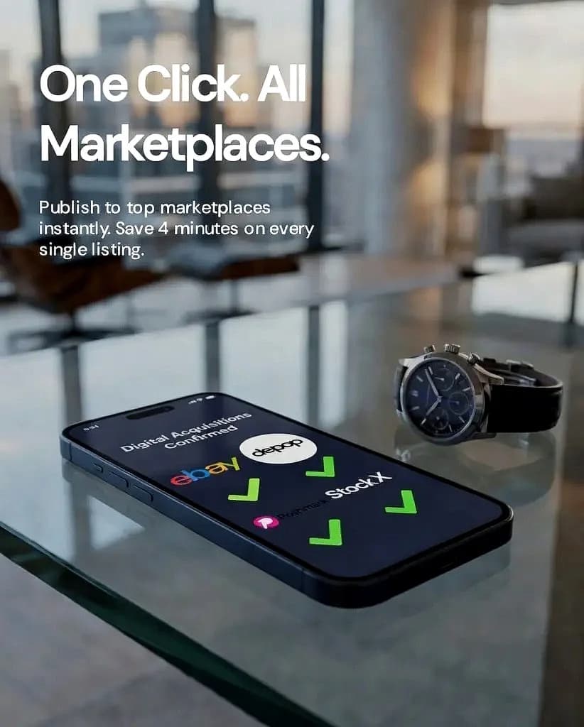 Phone on a glass table showing Digital Acquisitions Confirmed with eBay, Depop, Poshmark, and StockX; headline One Click. All Marketplaces.
